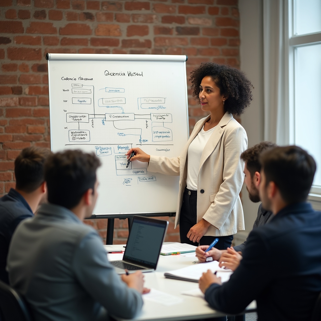 Communication consultant working with a developer team around a whiteboard mapping out investor update cadence and messaging structure
