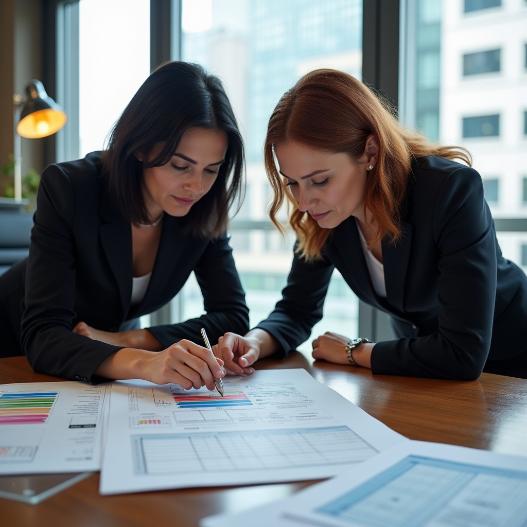Two senior communication consultants in a focused discussion at a desk covered with project documentation and communication frameworks in a professional Buenos Aires office