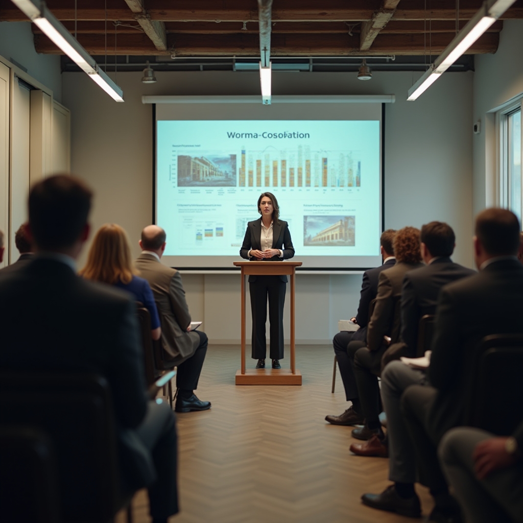 Real estate cooperative assembly in session, developer presenting structured progress report to attentive group of diverse investors in a formal meeting room with clear visual aids on screen