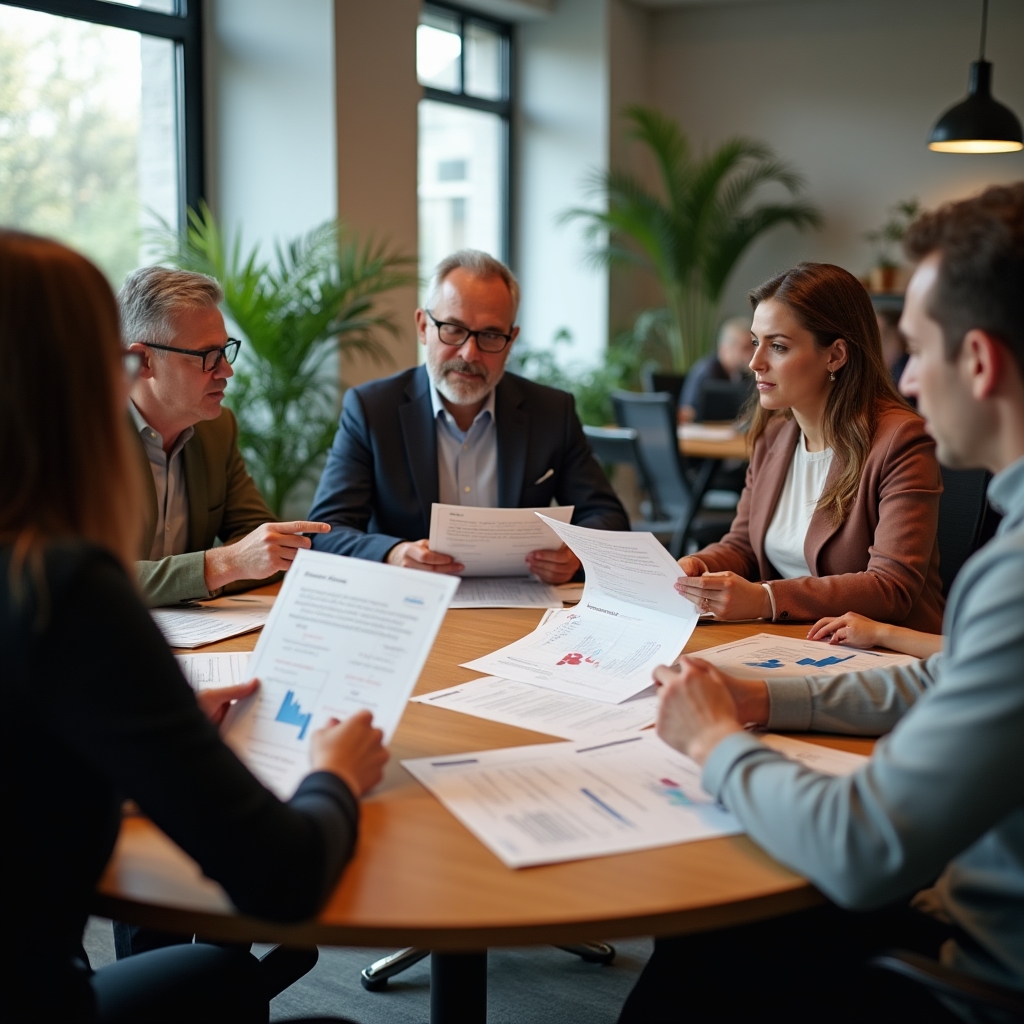 Group of diverse collective investors reviewing a structured progress report document together in a bright modern meeting space