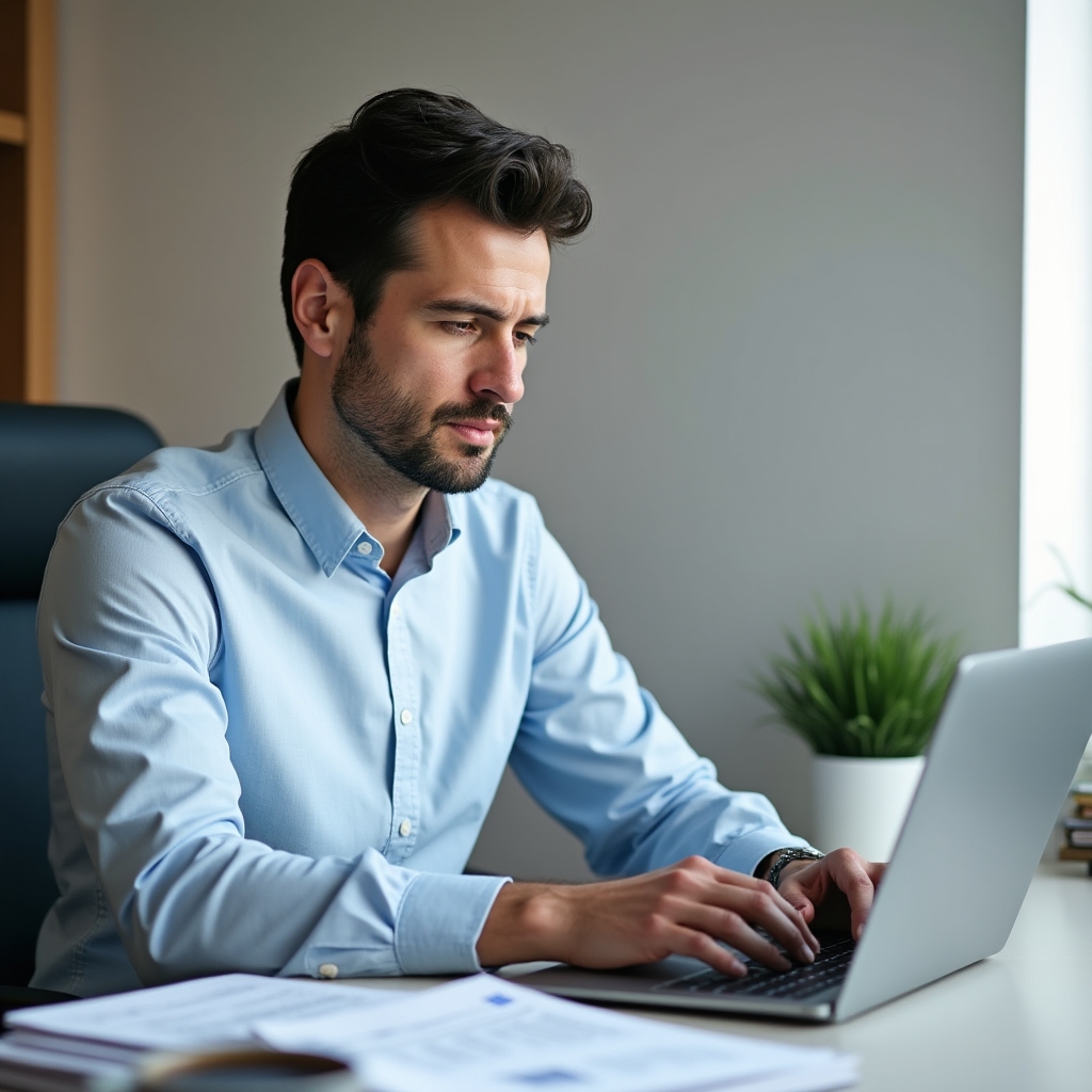 Real estate developer sitting at a clean desk composing a structured investor update message on a laptop, organized notes and communication templates visible, calm professional atmosphere