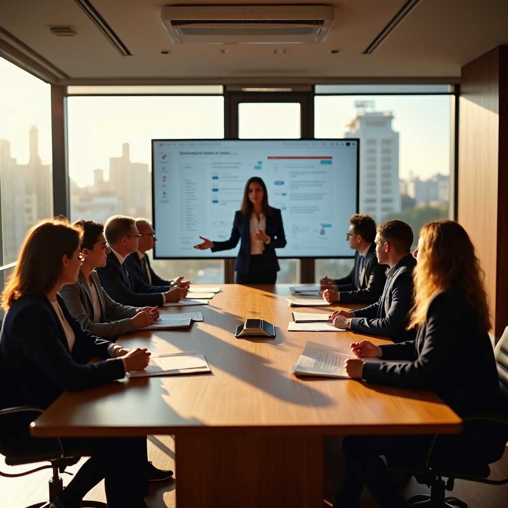 Real estate developer presenting project updates to a group of collective investors in a modern conference room