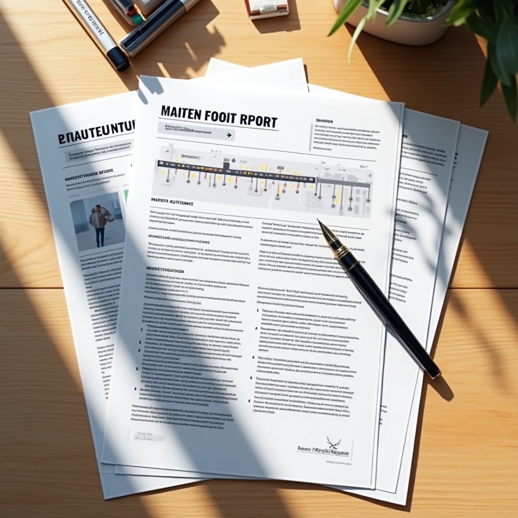 Close-up of a neatly structured investor progress report document spread across a desk, showing clearly organized sections with headers, timeline indicators, and professional layout in warm office light