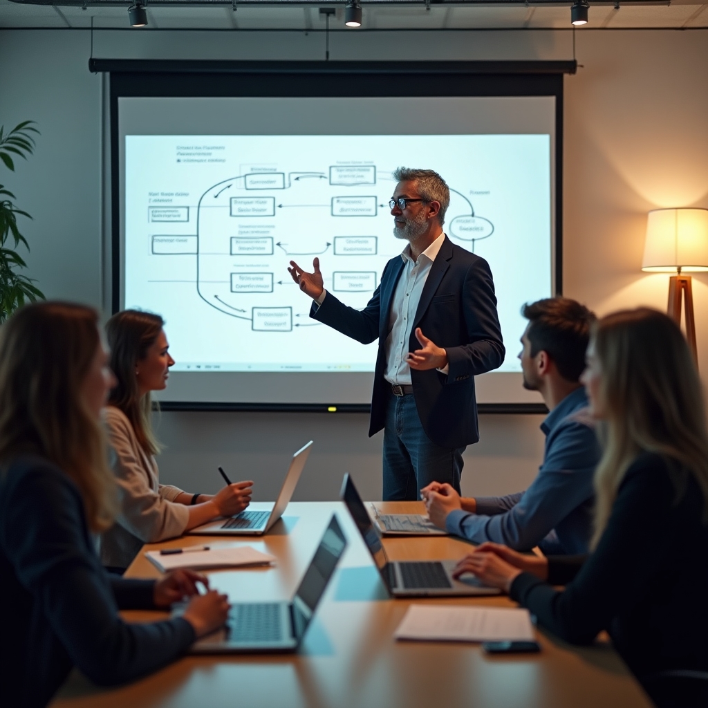 Communication consultant leading an educational training session with a small developer team in a bright Buenos Aires office, pointing at a projected framework diagram on the wall